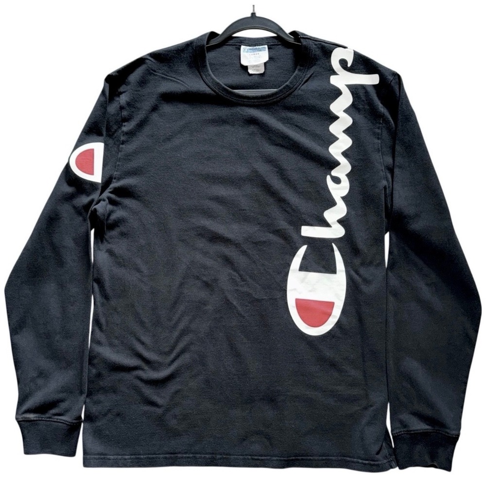 Champion Authentic Long Sleeve Graphic Logo T-Shirt Black Vertical Large Used